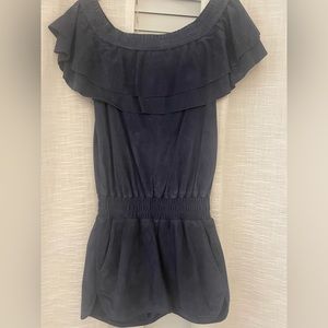 Navy blue, suede, off the shoulder shorts romper.